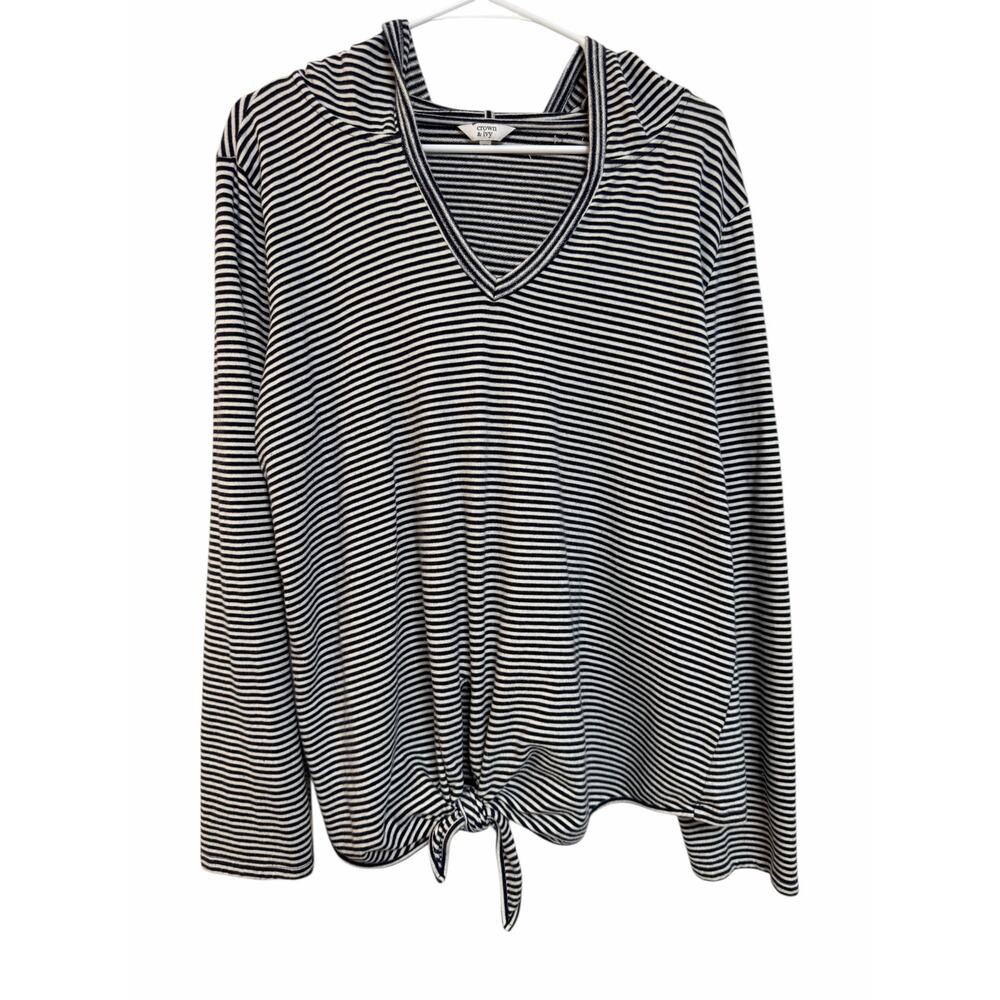 Crown & Ivy Striped Hoodie – XL – Black/White, Lightweight, Tie‑Button Detail